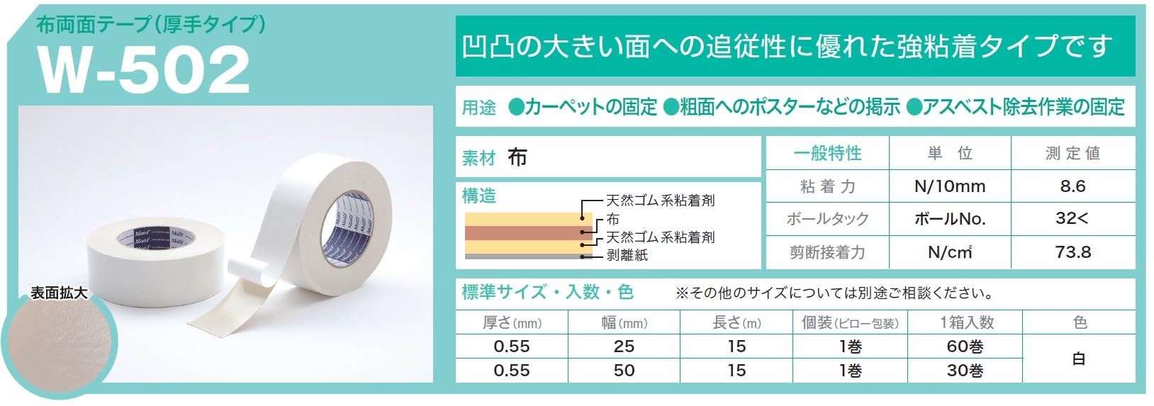 Amazon | 古藤工業 Monf W-502 布両面テープ 白 厚0.55mm×幅50mm×長さ